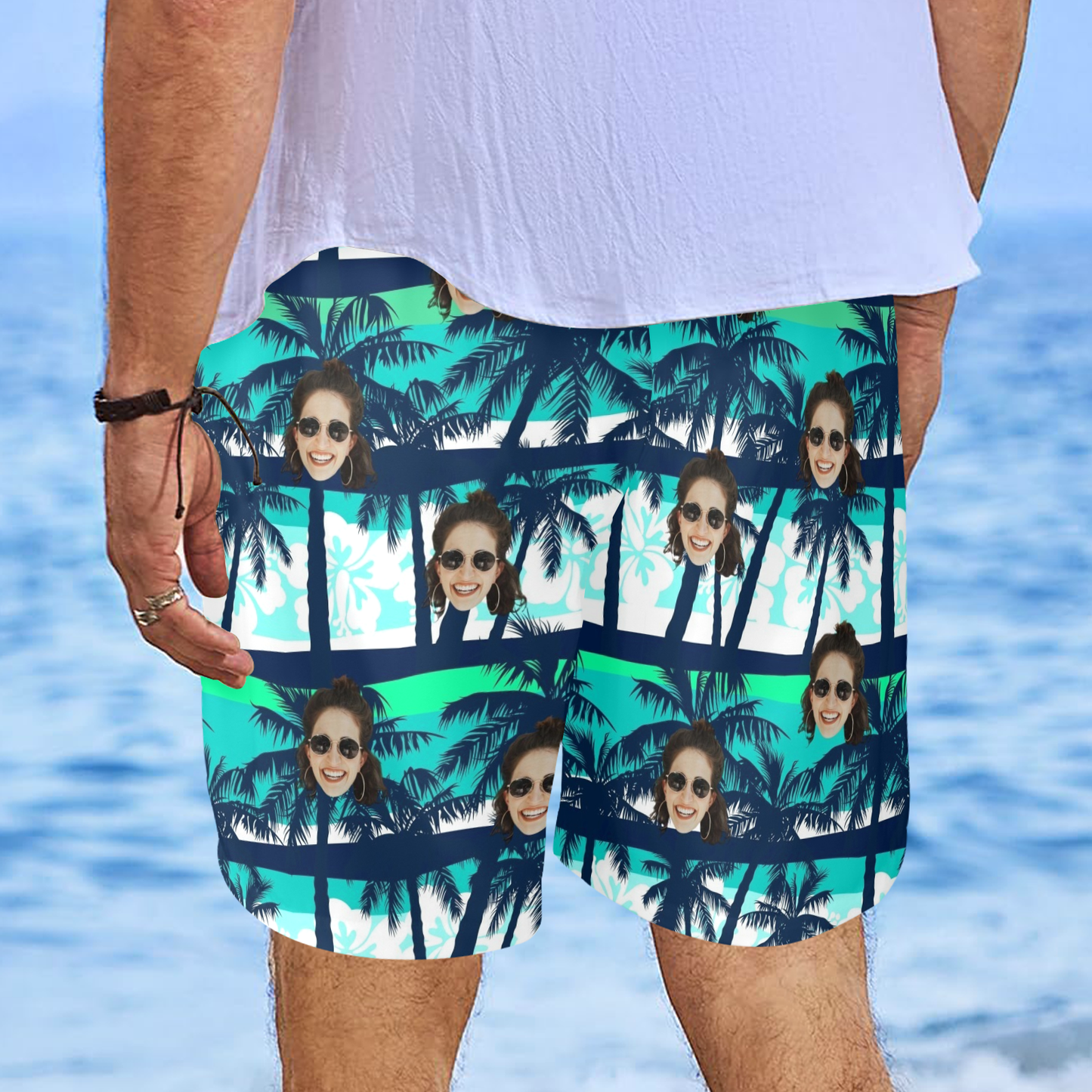 Custom Face Blue & Green Coconut Tree Beach Shorts | Personalized Photo Men's Elastic Swim Trunks Father's Day Gift