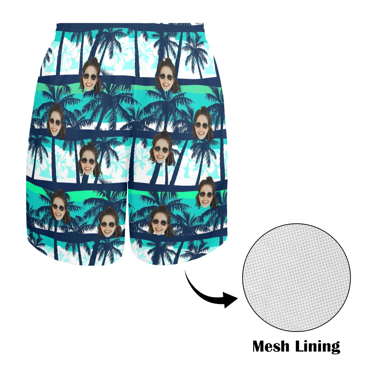 Custom Face Blue & Green Coconut Tree Beach Shorts | Personalized Photo Men's Elastic Swim Trunks Father's Day Gift