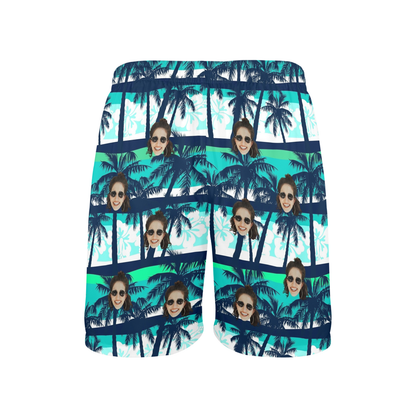 Custom Face Blue & Green Coconut Tree Beach Shorts | Personalized Photo Men's Elastic Swim Trunks Father's Day Gift