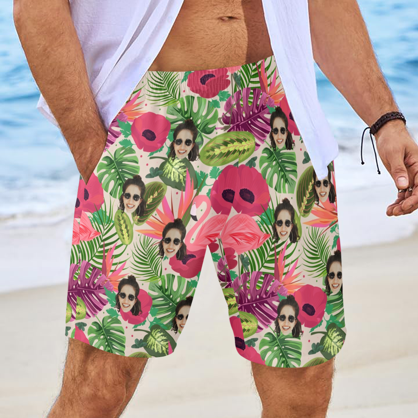 Custom Face Flamingo Rainforest Vibes Beach Shorts | Personalized Photo Men's Elastic Swim Trunks For Vacation/Cruise Trip