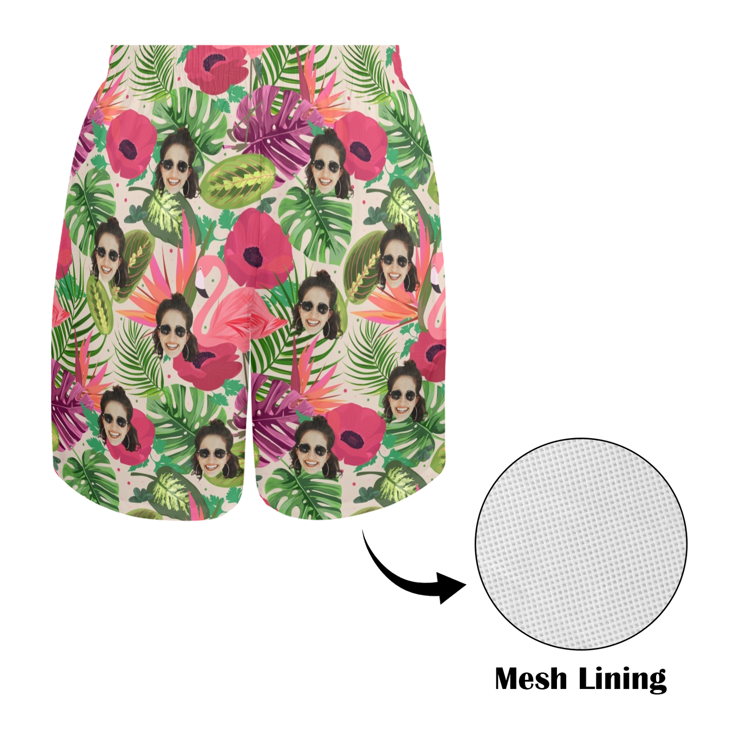 Custom Face Flamingo Rainforest Vibes Beach Shorts | Personalized Photo Men's Elastic Swim Trunks For Vacation/Cruise Trip