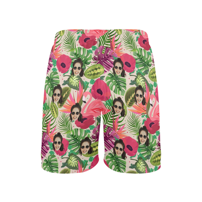 Custom Face Flamingo Rainforest Vibes Beach Shorts | Personalized Photo Men's Elastic Swim Trunks For Vacation/Cruise Trip