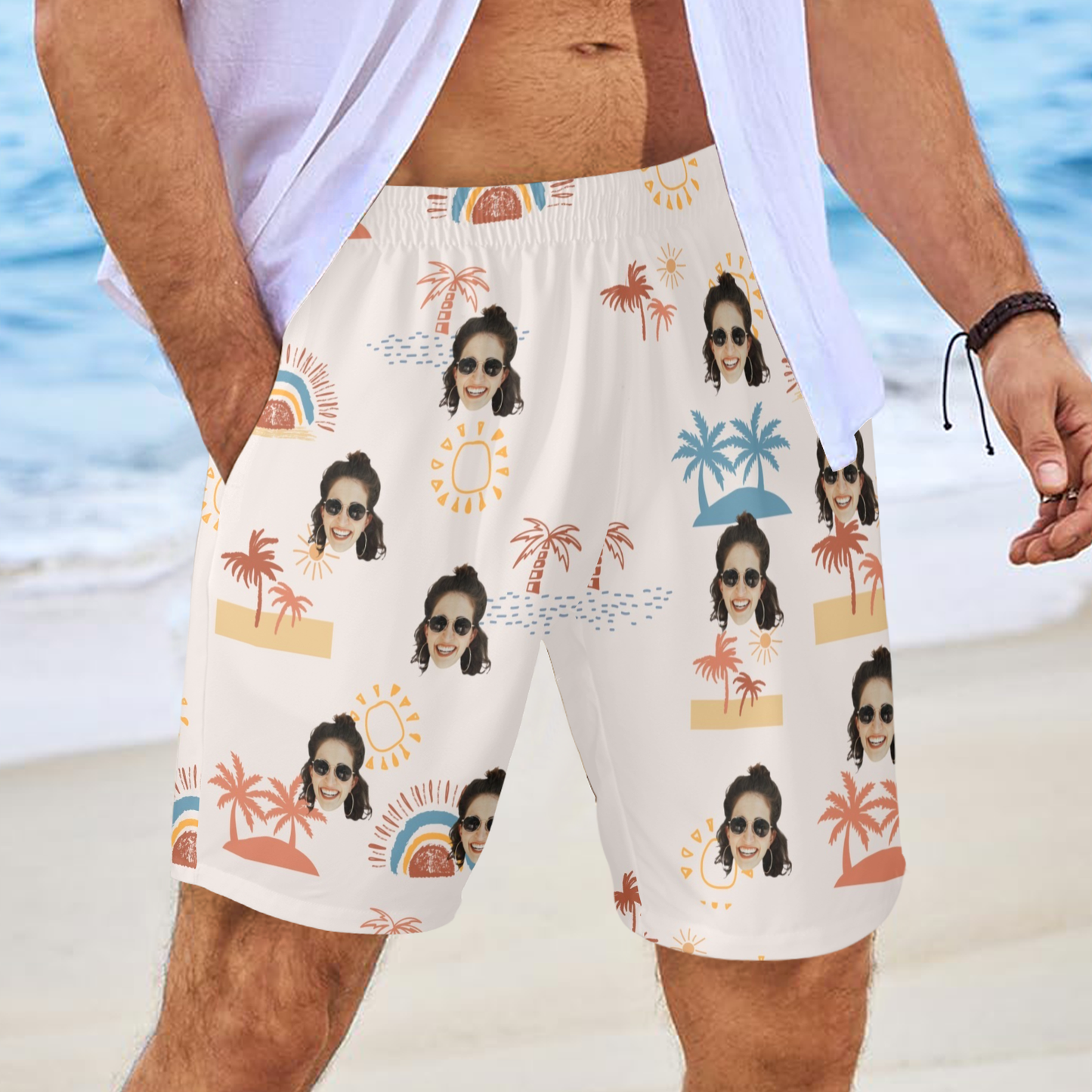 Custom Face Anime Sunset Coconut Breeze Beach Shorts | Personalized Photo Men's Elastic Swim Trunks For Spring/Summer Holiday