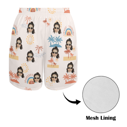 Custom Face Anime Sunset Coconut Breeze Beach Shorts | Personalized Photo Men's Elastic Swim Trunks For Spring/Summer Holiday