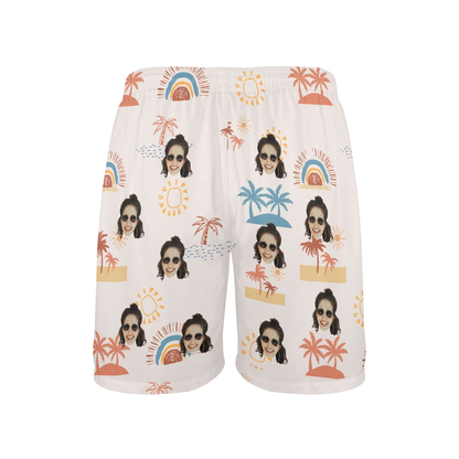 Custom Face Anime Sunset Coconut Breeze Beach Shorts | Personalized Photo Men's Elastic Swim Trunks For Spring/Summer Holiday