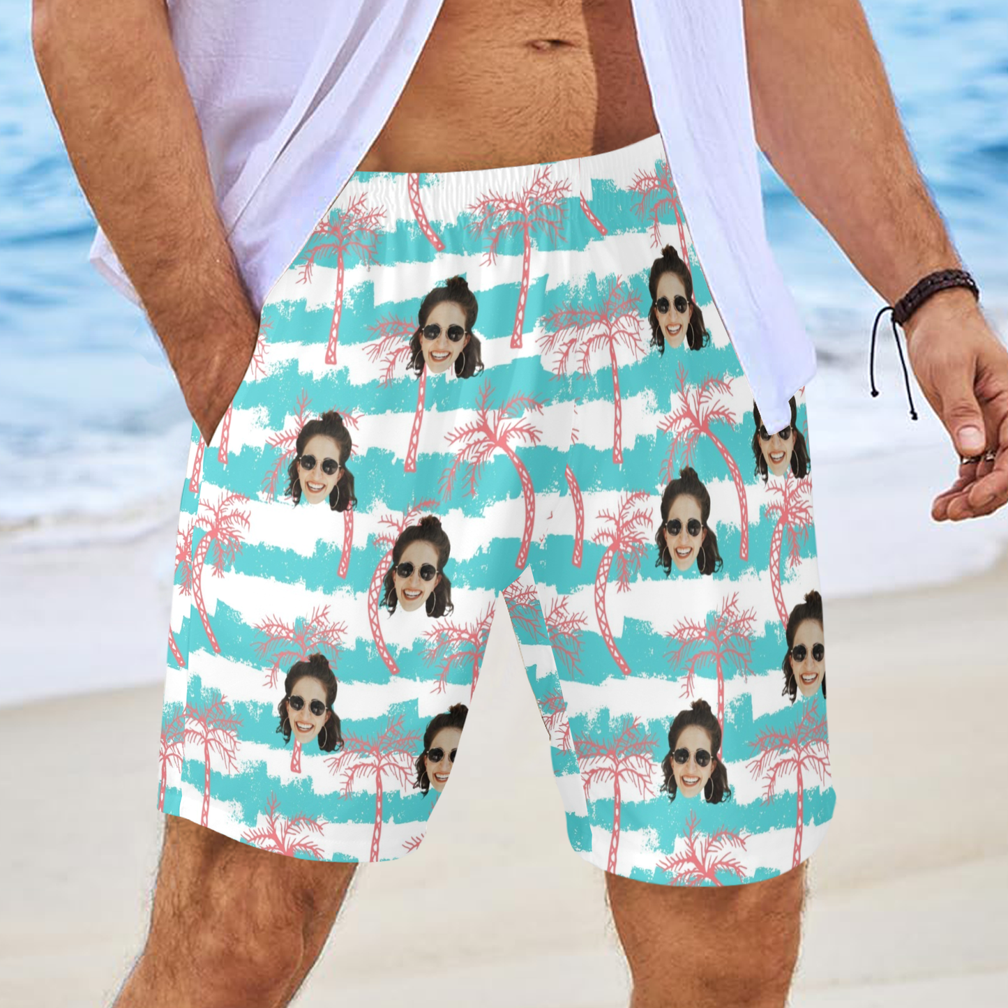 Custom Face Azure Wave Coconut Shore Beach Shorts | Personalized Photo Men's Elastic Swim Trunks Birthday/Honeymoon Gift