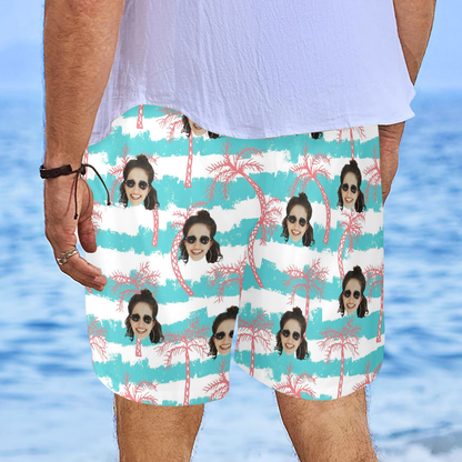Custom Face Azure Wave Coconut Shore Beach Shorts | Personalized Photo Men's Elastic Swim Trunks Birthday/Honeymoon Gift