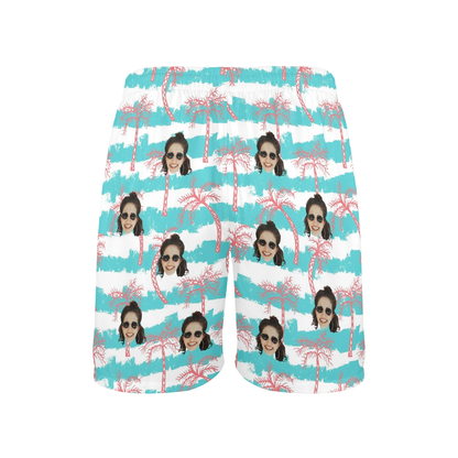 Custom Face Azure Wave Coconut Shore Beach Shorts | Personalized Photo Men's Elastic Swim Trunks Birthday/Honeymoon Gift