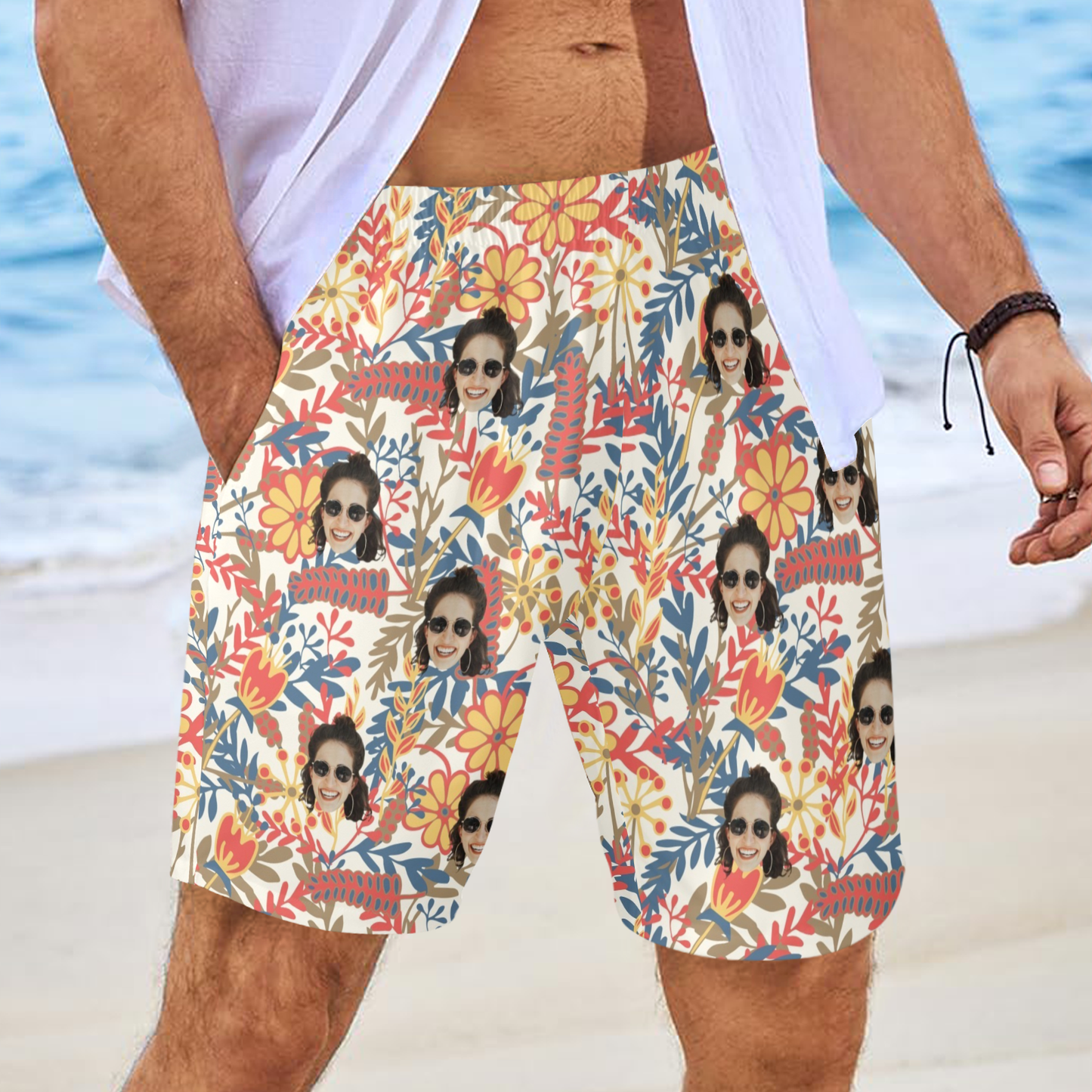 Custom Face Vibrant Floral Watercolor Beach Shorts | Personalized Photo Men's Elastic Swim Trunks Funny Surprise Gift