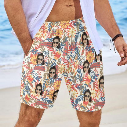 Custom Face Vibrant Floral Watercolor Beach Shorts | Personalized Photo Men's Elastic Swim Trunks Funny Surprise Gift