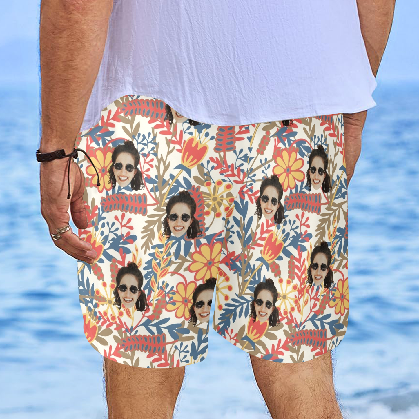 Custom Face Vibrant Floral Watercolor Beach Shorts | Personalized Photo Men's Elastic Swim Trunks Funny Surprise Gift