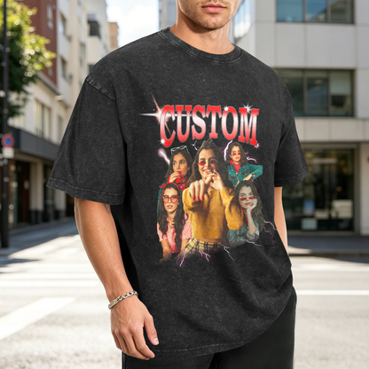 [Recommend]Custom Vintage Girlfriend Face Shirt | Personalized Men's Washed Cotton Shirt For Birthday/Bachelorette