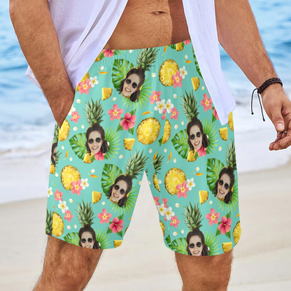 Custom Face Pineapple Beach Shorts | Personalized Photo Men's Elastic Swim Trunks Prank Gifts