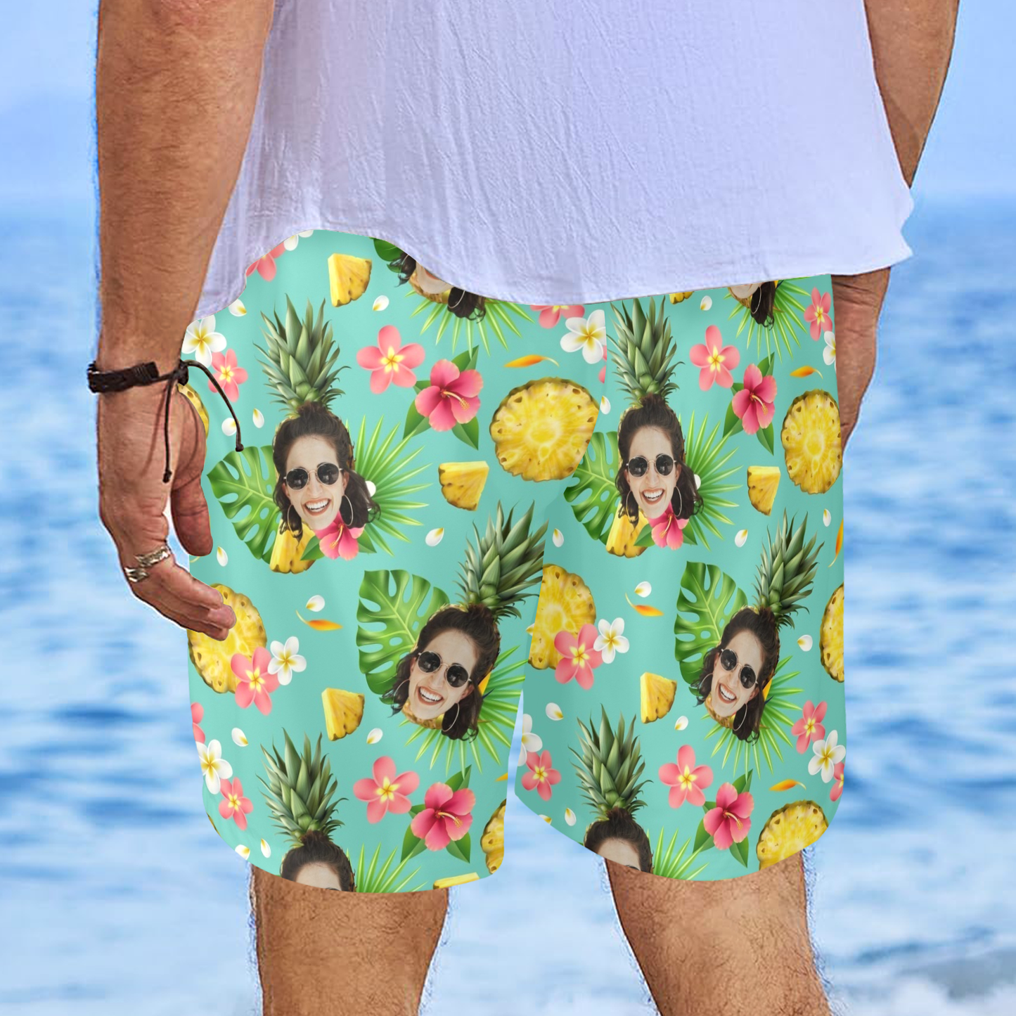 Custom Face Pineapple Beach Shorts | Personalized Photo Men's Elastic Swim Trunks Prank Gifts