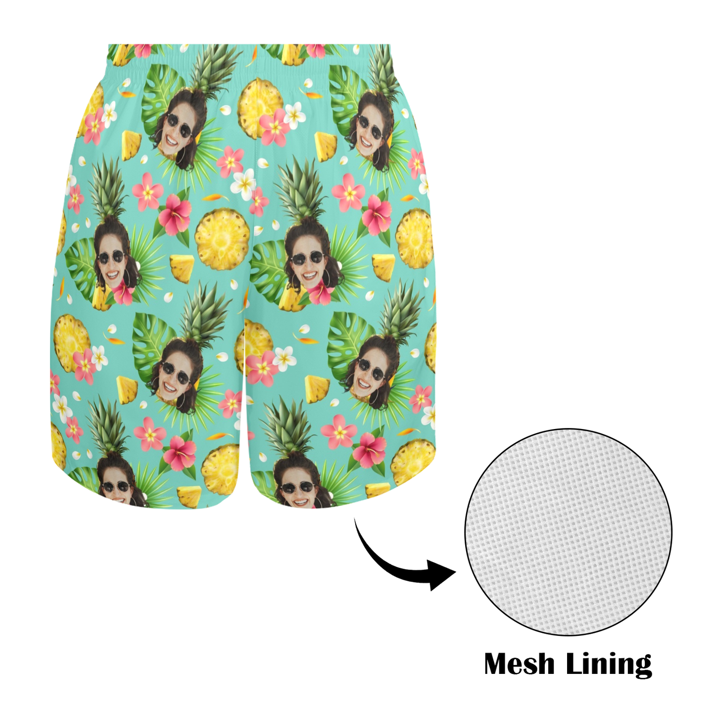 Custom Face Pineapple Beach Shorts | Personalized Photo Men's Elastic Swim Trunks Prank Gifts