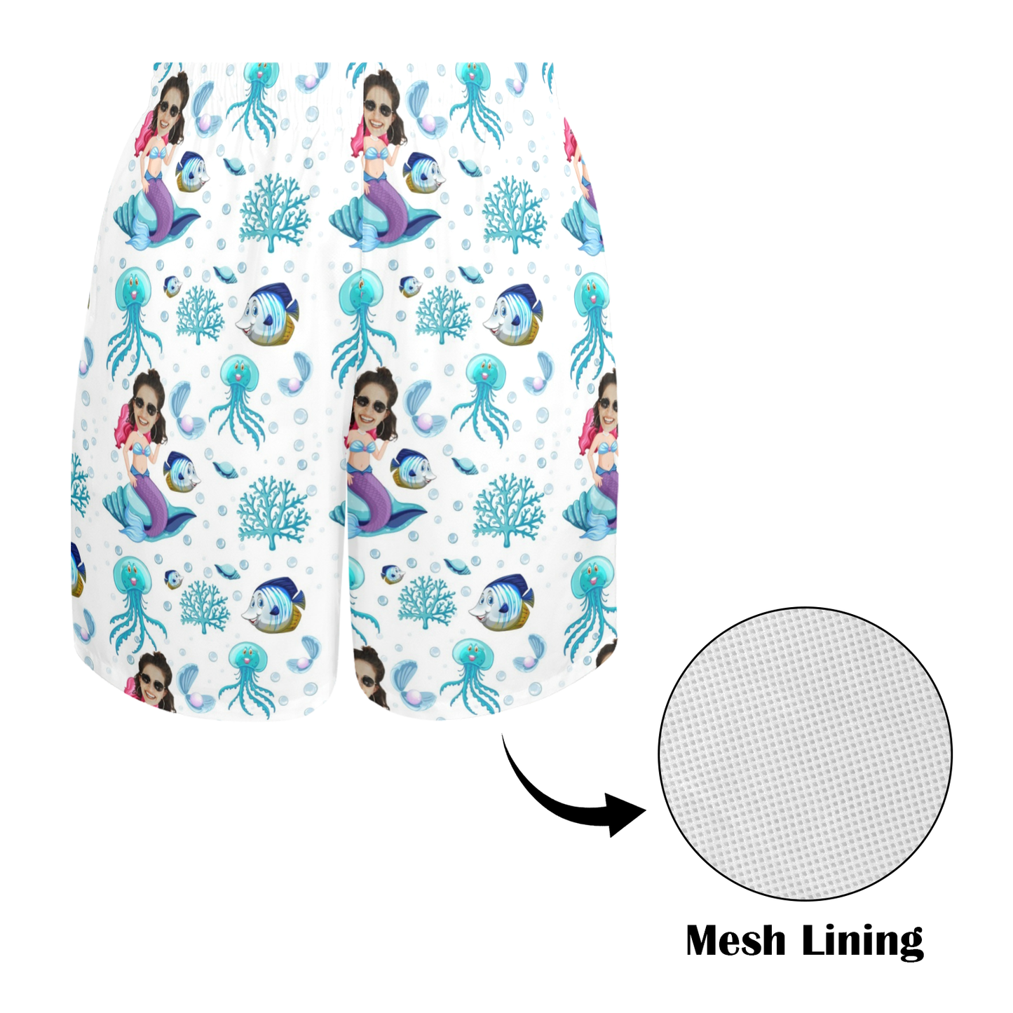 Custom Mystic Mermaid Face Beach Shorts | Personalized Photo Men's Elastic Swim Trunks Funny Surprise Gifts