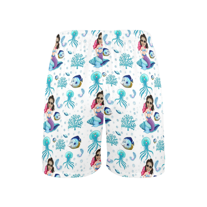Custom Mystic Mermaid Face Beach Shorts | Personalized Photo Men's Elastic Swim Trunks Funny Surprise Gifts
