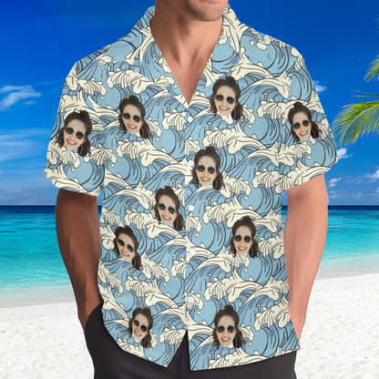 Custom Face Blue Waves Hawaiian Shirt | Personalized Summer Vibes Tropical Aloha Shirt
