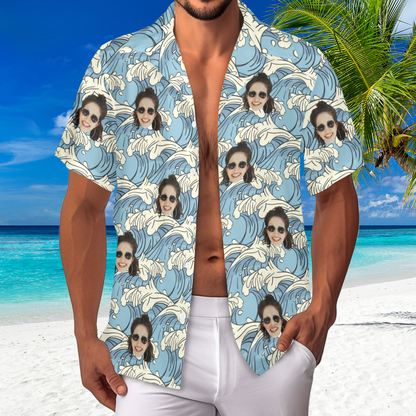 Custom Face Blue Waves Hawaiian Shirt | Personalized Summer Vibes Tropical Aloha Shirt