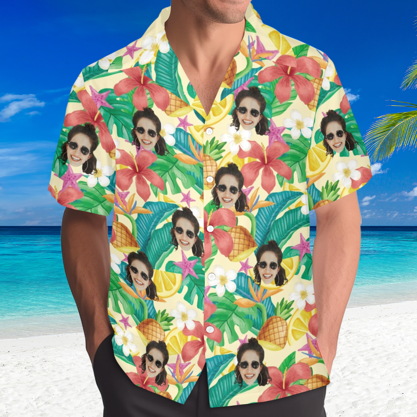 Custom Exotic Flowers & Fruits Face Hawaiian Shirt | Personalized Tropical Aloha Shirt Father's Day Gift