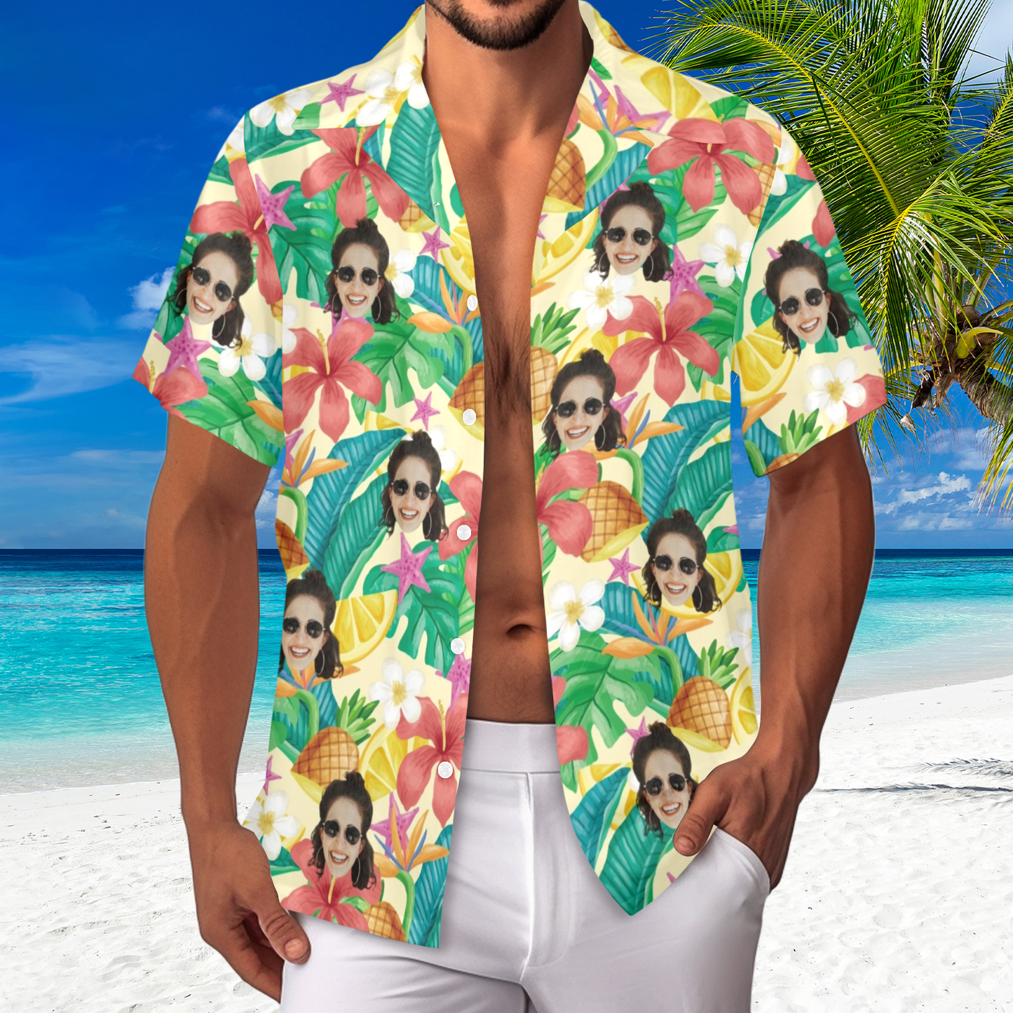 Custom Exotic Flowers & Fruits Face Hawaiian Shirt | Personalized Tropical Aloha Shirt Father's Day Gift