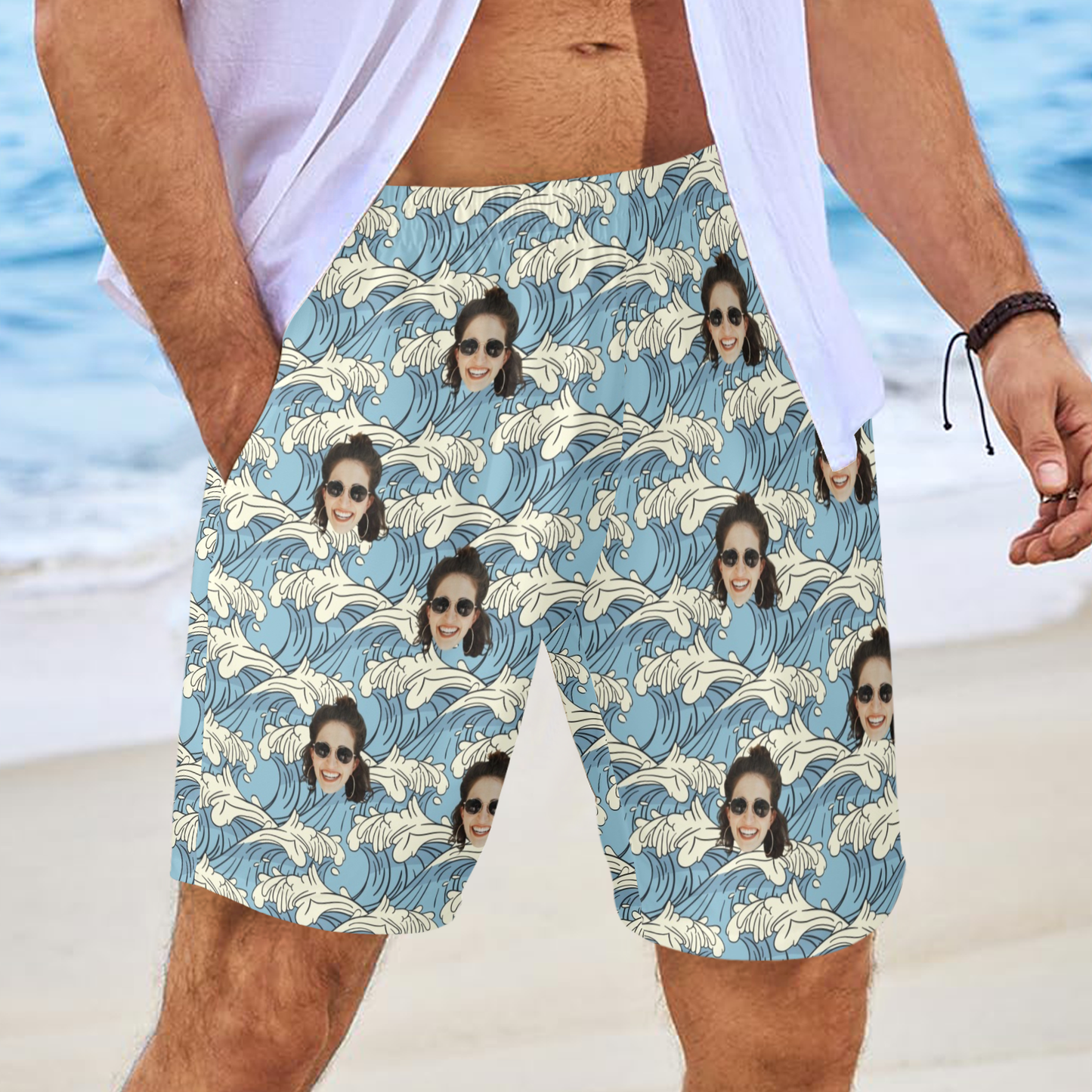 Custom Blue Waves Face Beach Shorts | Personalized Summer Vibes Photo Men's Elastic Swim Trunks