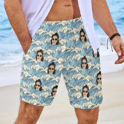 Custom Blue Waves Face Beach Shorts | Personalized Summer Vibes Photo Men's Elastic Swim Trunks