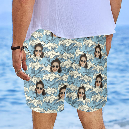 Custom Blue Waves Face Beach Shorts | Personalized Summer Vibes Photo Men's Elastic Swim Trunks