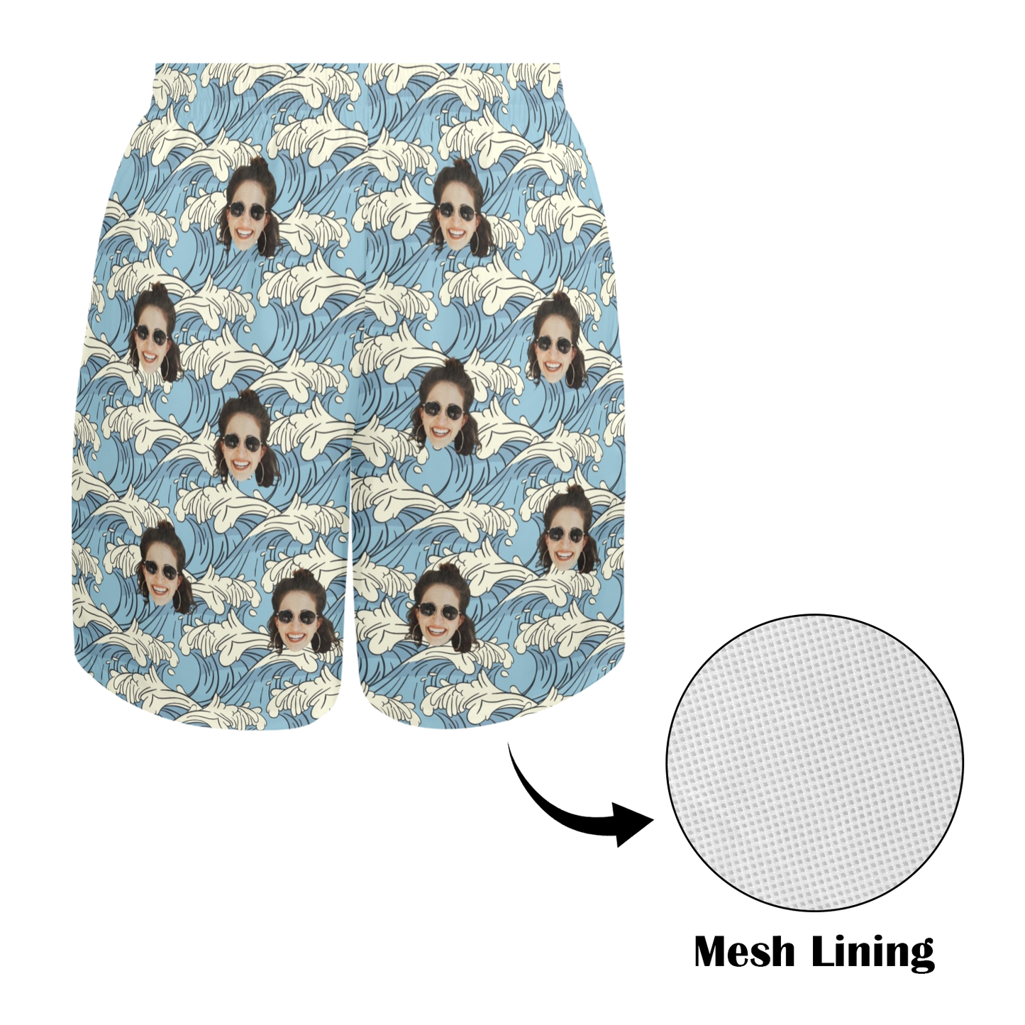 Custom Blue Waves Face Beach Shorts | Personalized Summer Vibes Photo Men's Elastic Swim Trunks
