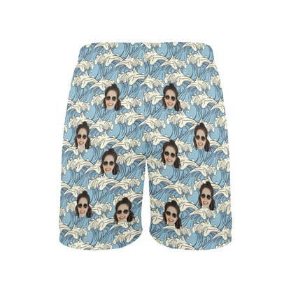 Custom Blue Waves Face Beach Shorts | Personalized Summer Vibes Photo Men's Elastic Swim Trunks