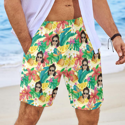 Custom Exotic Flowers & Fruits Face Beach Shorts | Personalized Photo Men's Elastic Swim Trunks For Summer Vacation