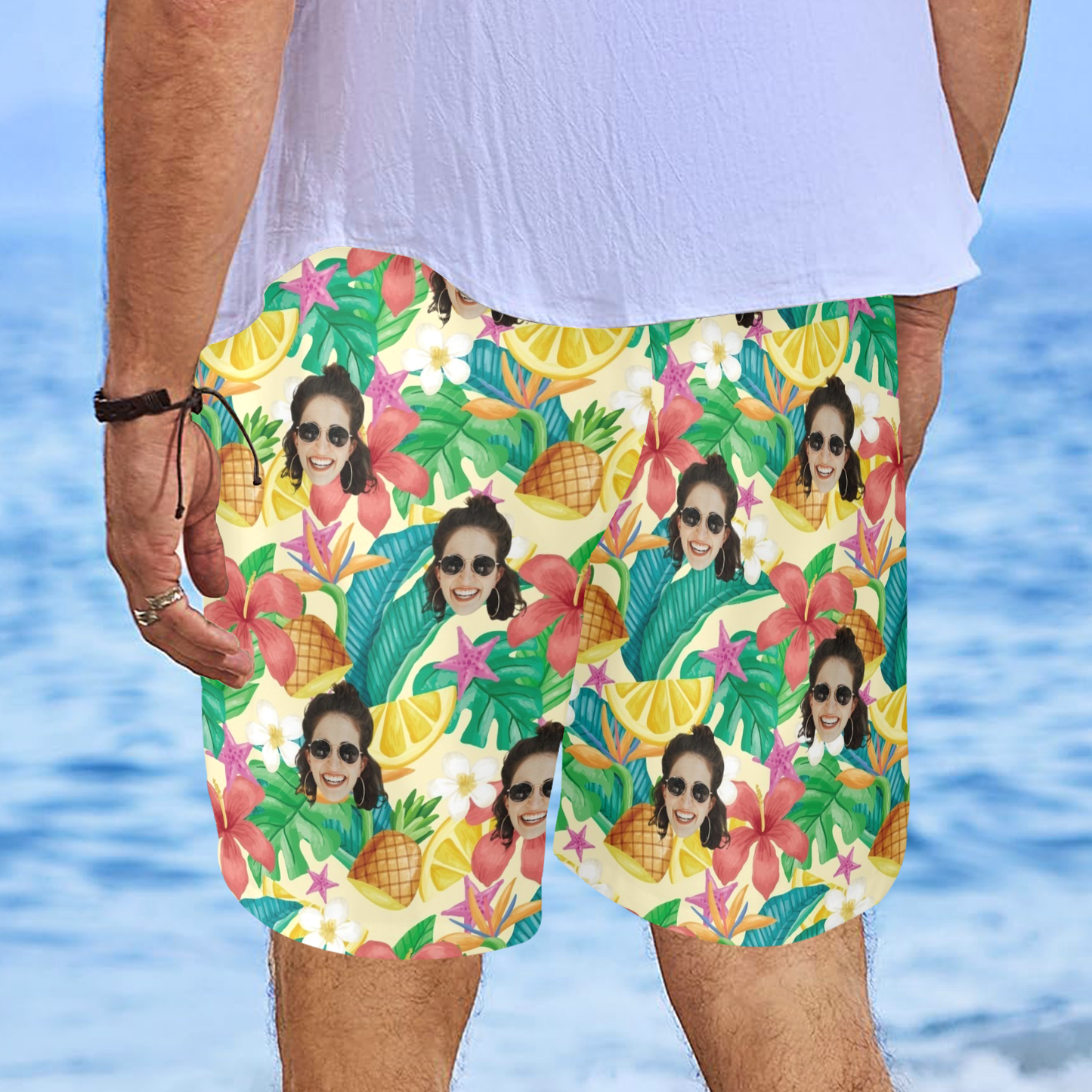 Custom Exotic Flowers & Fruits Face Beach Shorts | Personalized Photo Men's Elastic Swim Trunks For Summer Vacation