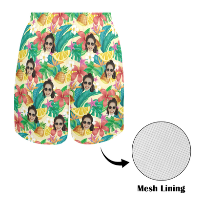 Custom Exotic Flowers & Fruits Face Beach Shorts | Personalized Photo Men's Elastic Swim Trunks For Summer Vacation
