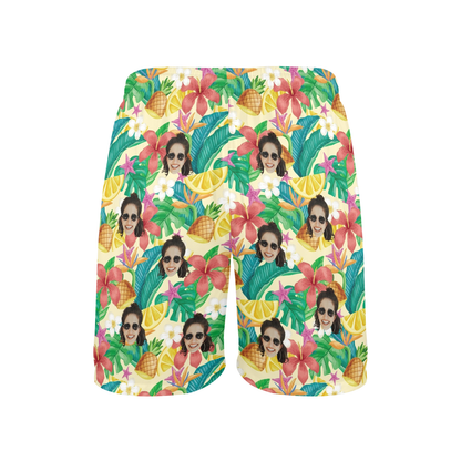 Custom Exotic Flowers & Fruits Face Beach Shorts | Personalized Photo Men's Elastic Swim Trunks For Summer Vacation