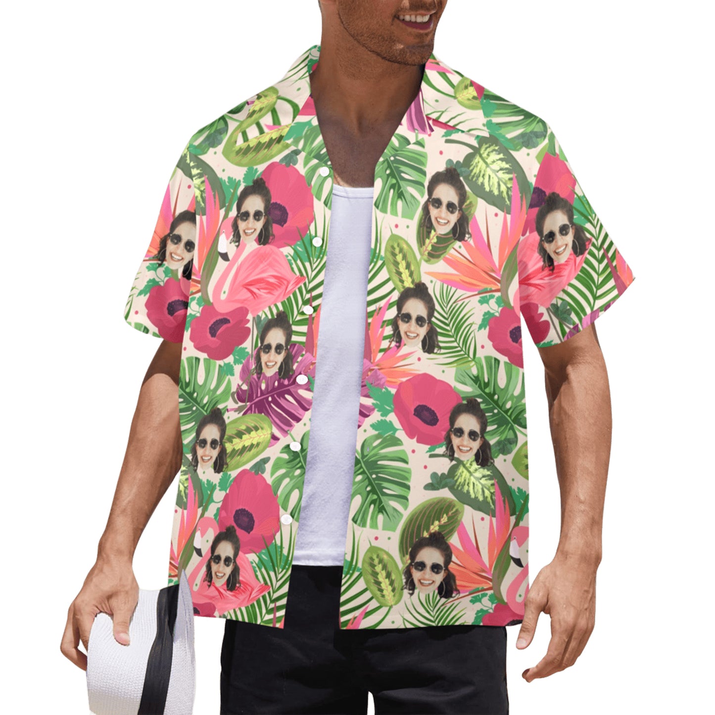 Custom Face Flamingo Rainforest Vibes Hawaiian Shirt | Personalized Tropical Aloha Shirt For Vacation/Cruise