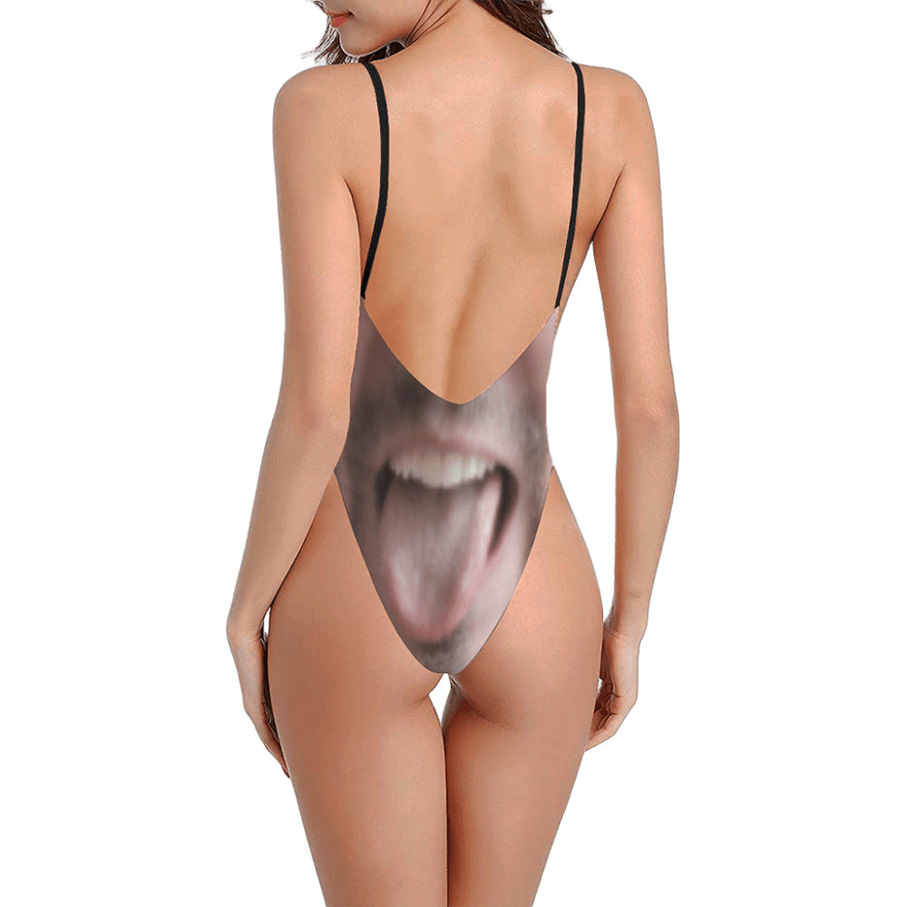 Custom Tongue Face Swimsuit | Personalized Women's Halter Straps Backless Swimsuit Boat Trip