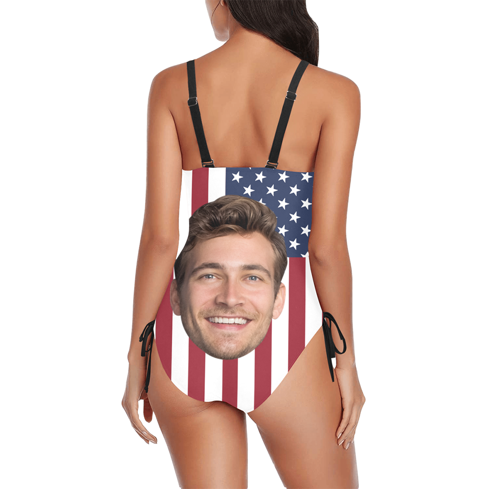 Custom USA Flag Face Swimsuit | Unique Women's New Drawstring Side One Piece Swimwear 4th Of July