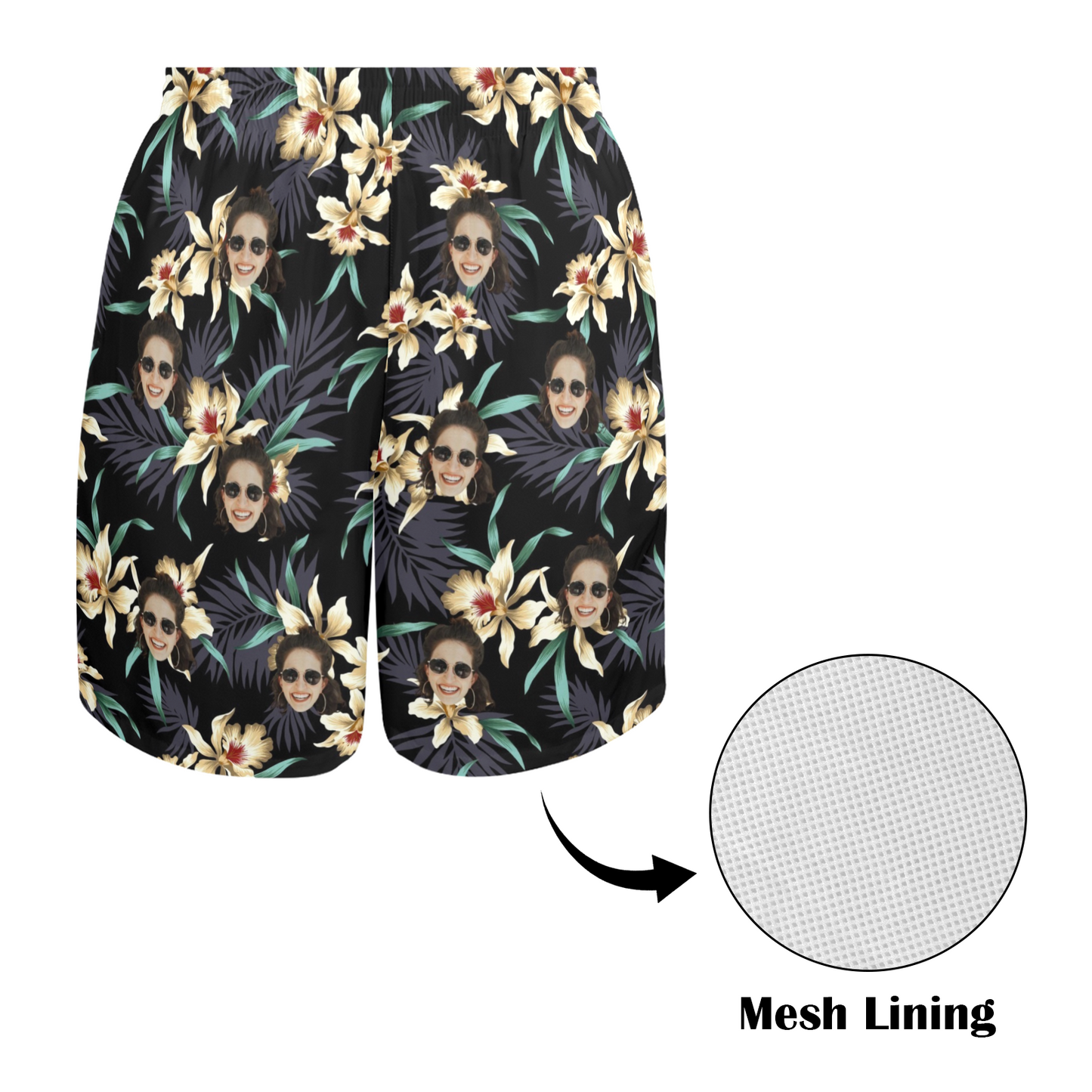 Custom Face Lily Flowers Beach Shorts | Personalized Photo Men's Elastic Swim Trunks Birthday Vacation Party