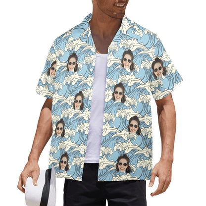 Custom Face Blue Waves Hawaiian Shirt | Personalized Summer Vibes Tropical Aloha Shirt