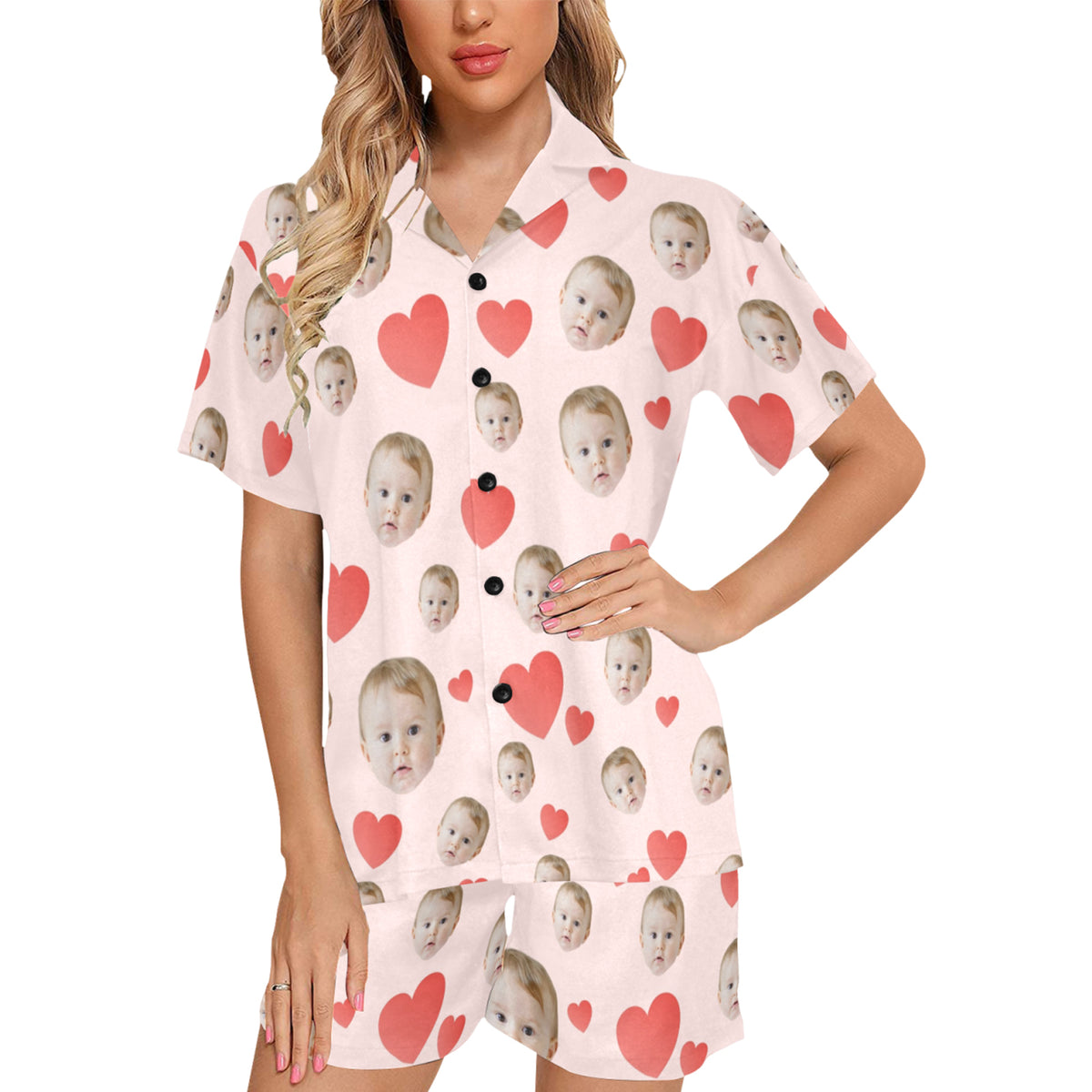 Custom Heart Multi-Color Pajamas | Personalized Women's V-Neck Short Pajama Set Gift for Her