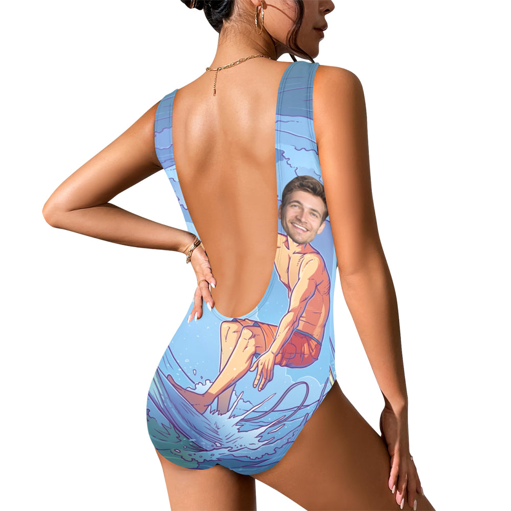 Custom Funny Face Surfing Swimsuit | Personalized Women's High Cut Backless Bathing Suit Surprise Gifts