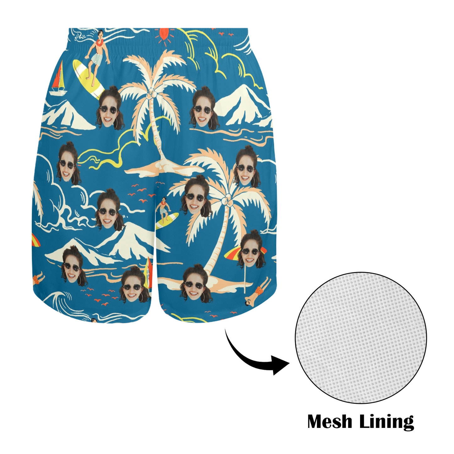 Custom Face Surfing Island Beach Shorts | Personalized Photo Men's Elastic Swim Trunks For Vacation