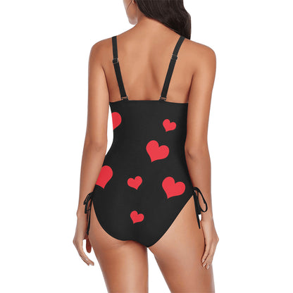 Custom Red Heart Big Face Swimsuit | Unique Women's New Drawstring Side One Piece Swimwear Honeymoon Anniversary Gift