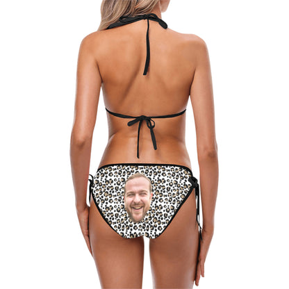 Custom Face Leopard Swimsuit | Personalized Women's String Halter Tie Side Low Waisted Triangle Bikini