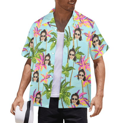 Custom Face Purple&Green Coconut Tree Hawaiian Shirt | Personalized Tropical Aloha Shirt For Float Trip