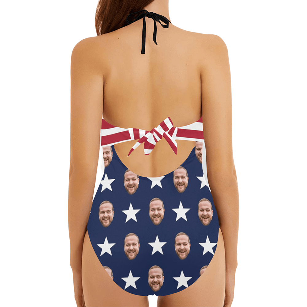 Custom America Flag Face Swimsuit | Personalized Women's Backless Bow One Piece Bathing Suit For Holiday Party