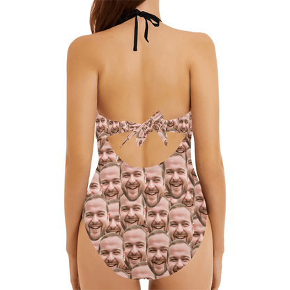 Custom Dense Face Swimsuit | Personalized Women's Backless Bow One Piece Bathing Suit Husband Prank