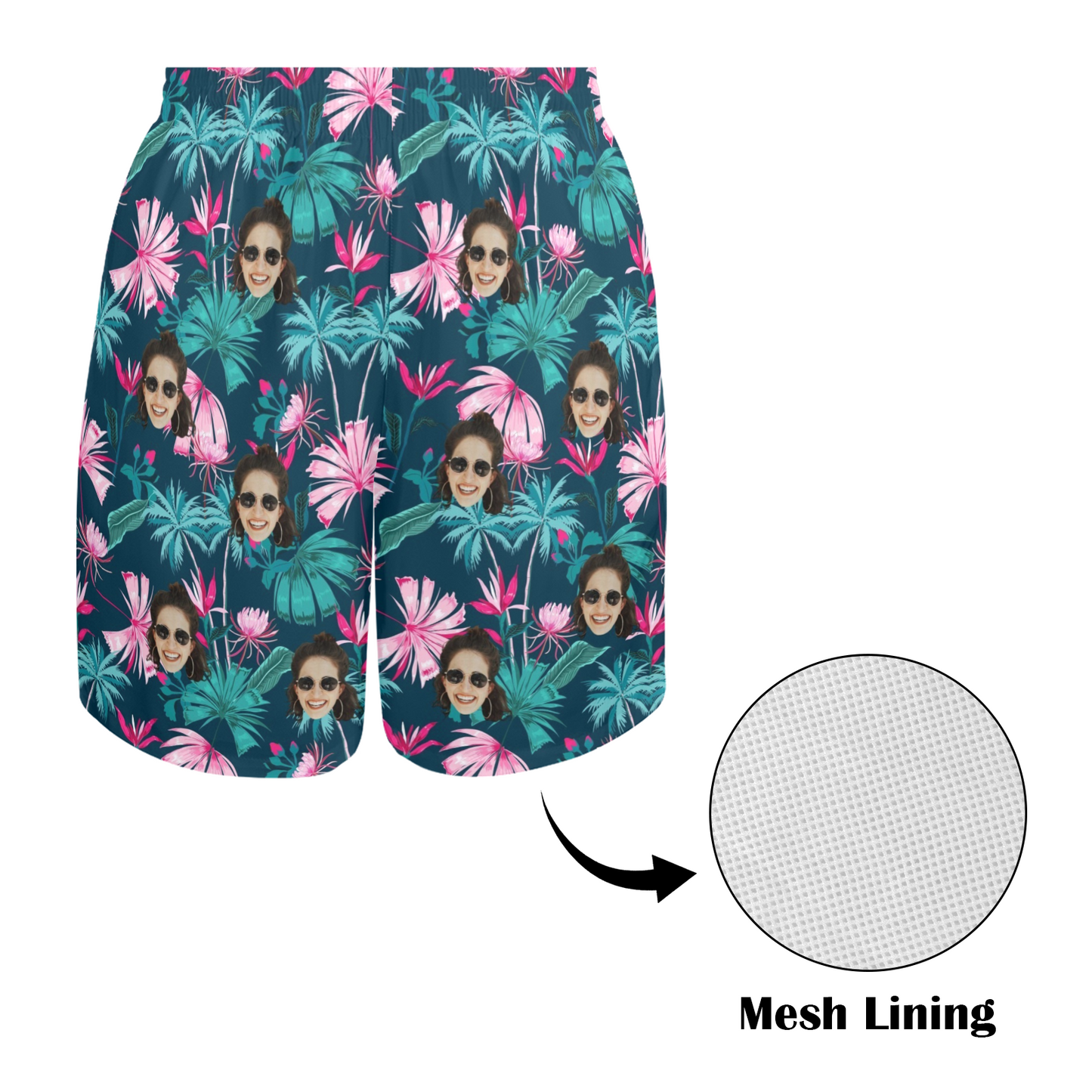 Custom Face Coconut Flowers Beach Shorts | Personalized Photo Men's Elastic Swim Trunks For Holiday