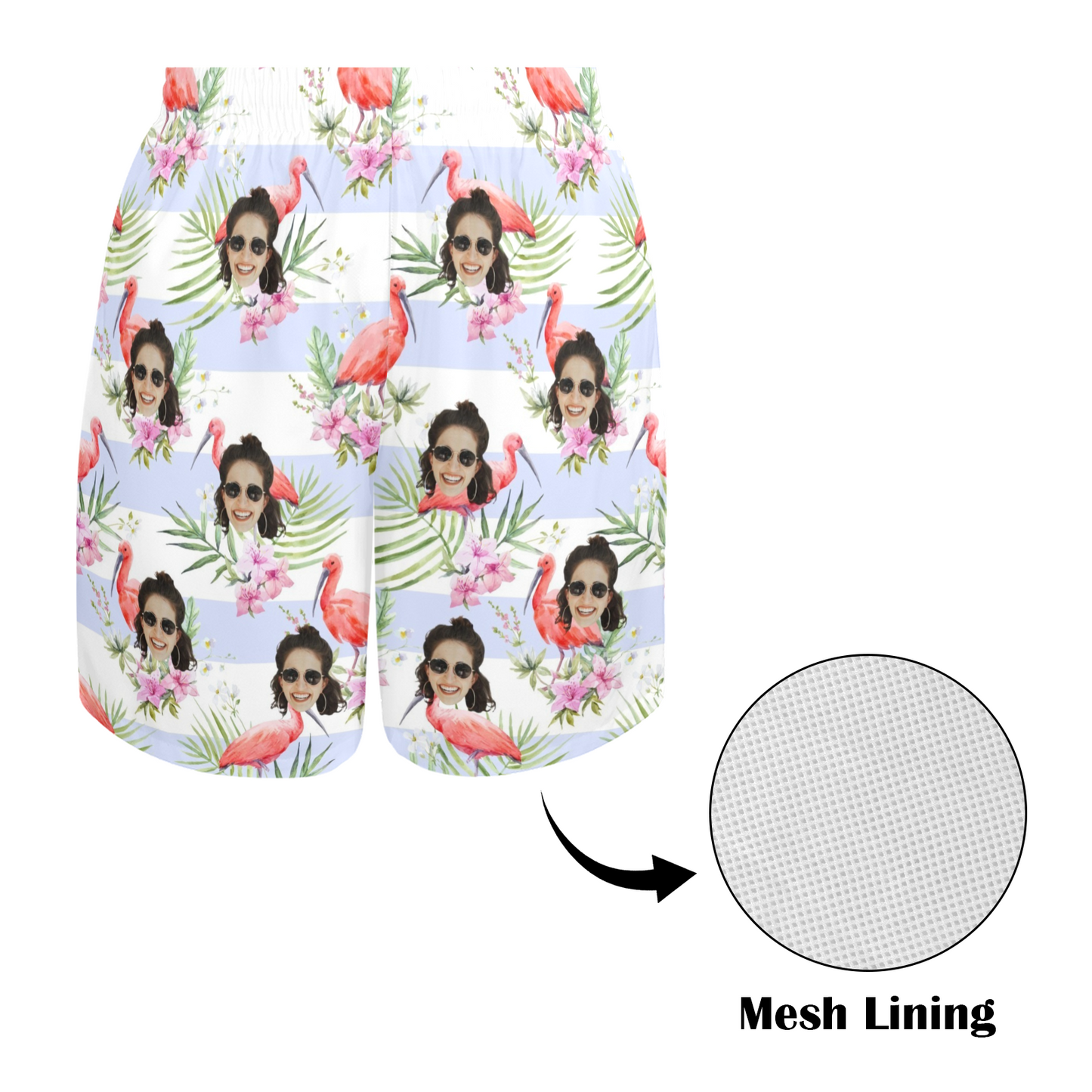 Custom Face Pink Flamingo Beach Shorts | Personalized Photo Men's Elastic Swim Trunks Birthday Gift