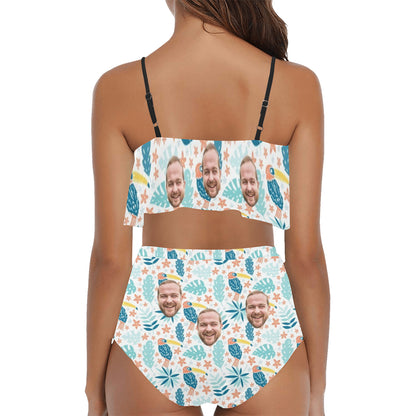Custom Face Summer Parrot Swimsuit | Unique Women's Two Piece High Waisted Ruffle Bikini For Vacation/Holiday